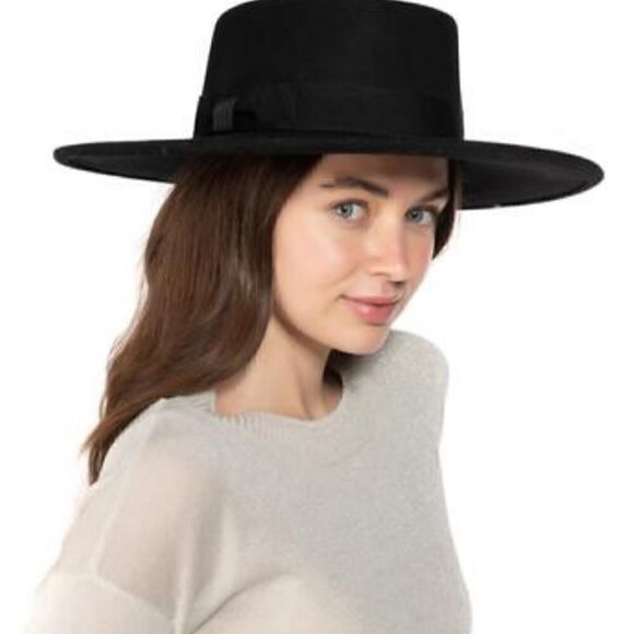 Nine West Western Hat Black Bohemian Wool Felt Wide Brim Grosgrain Trim - Picture 2 of 4